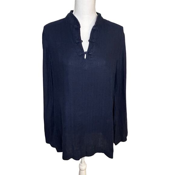 Lauren Ralph Lauren navy 100% linen asian inspired long sleeve tunic size L - Picture 1 of 7